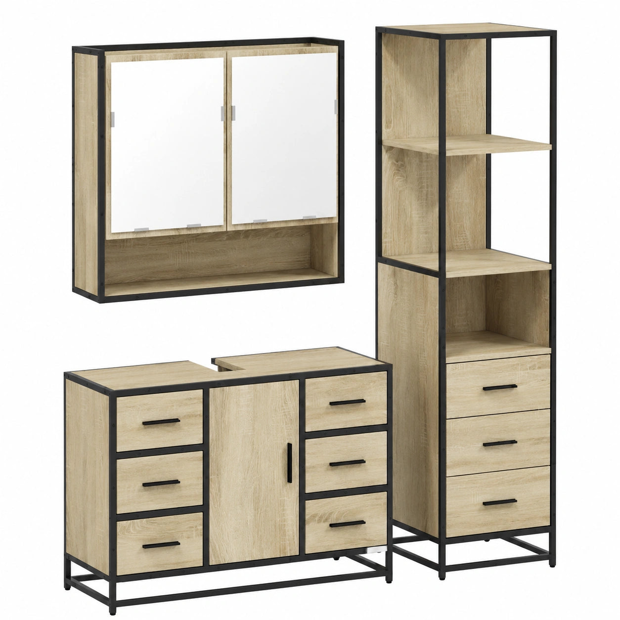 Conjunto de Muebles de Baño 3 Piezas de Madera de Roble Sonoma