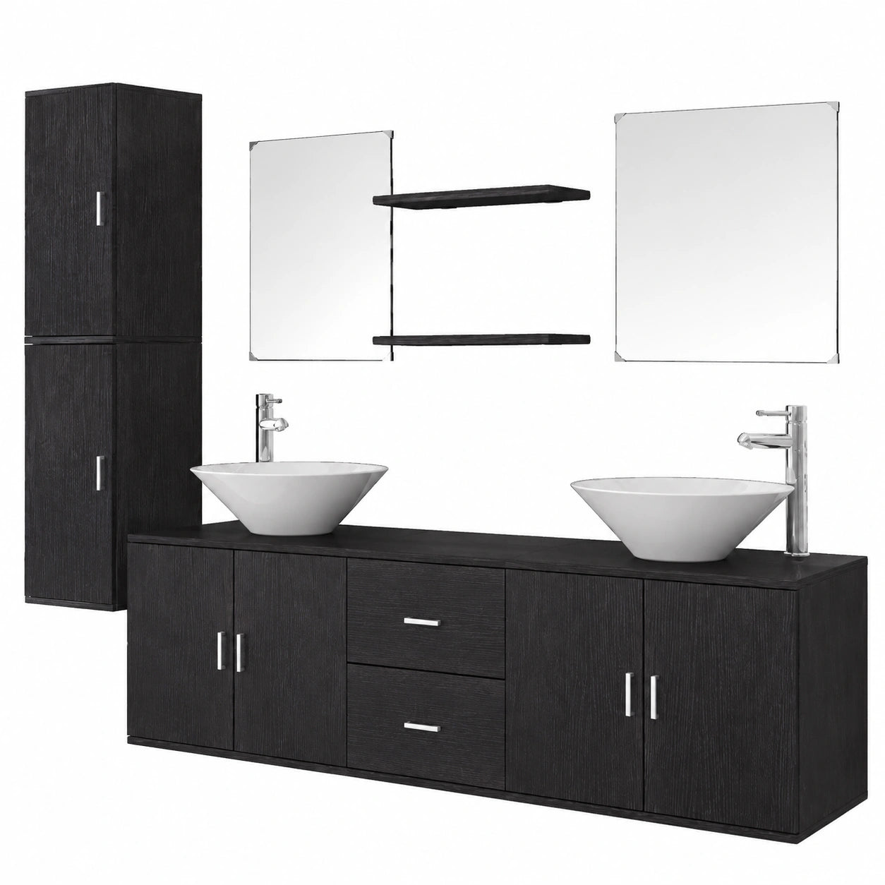 Conjunto de Mueble de Baño Negro con Lavabo, Pack de 9 Piezas