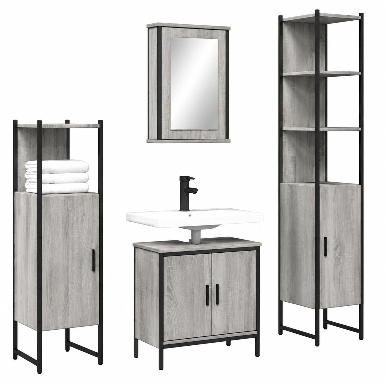 Conjunto de muebles de baño gris Sonoma, 4 piezas, montaje en pared, diseño moderno y resistente a la humedad