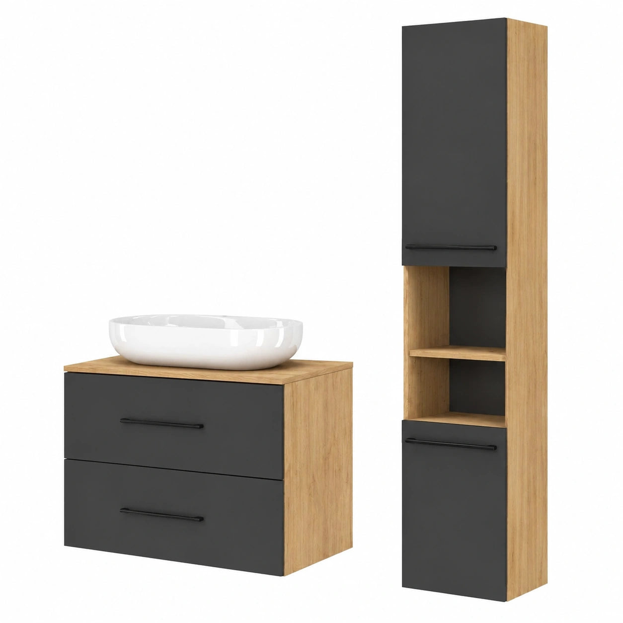 Conjunto de Muebles de Baño de 4 Piezas, Roble Dorado/Antracita, Lavabo y Armario Alto, 70 cm