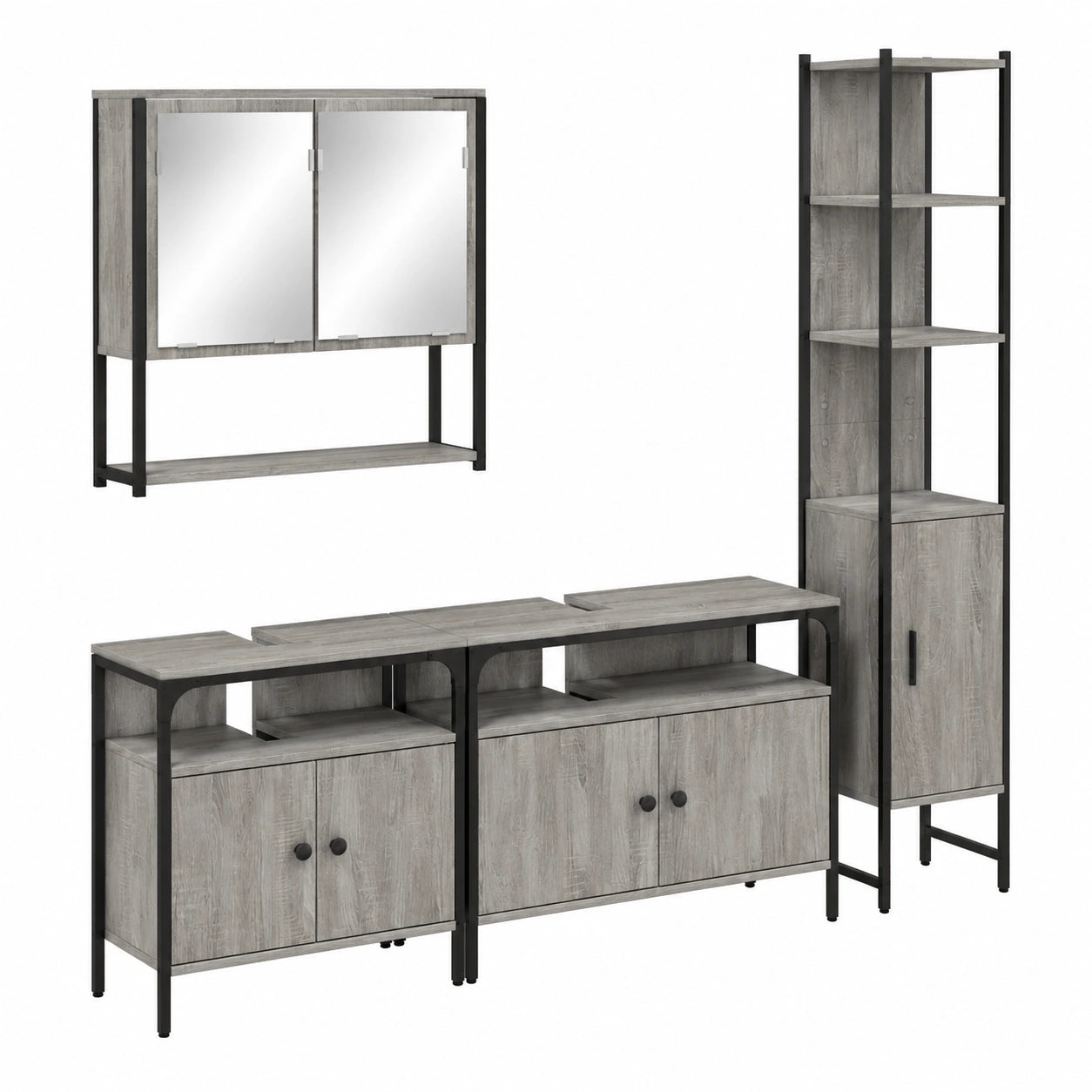 Conjunto de Muebles de Baño 4 Piezas, Armarios Gris Sonoma con Espejo y Estantes de Almacenaje
