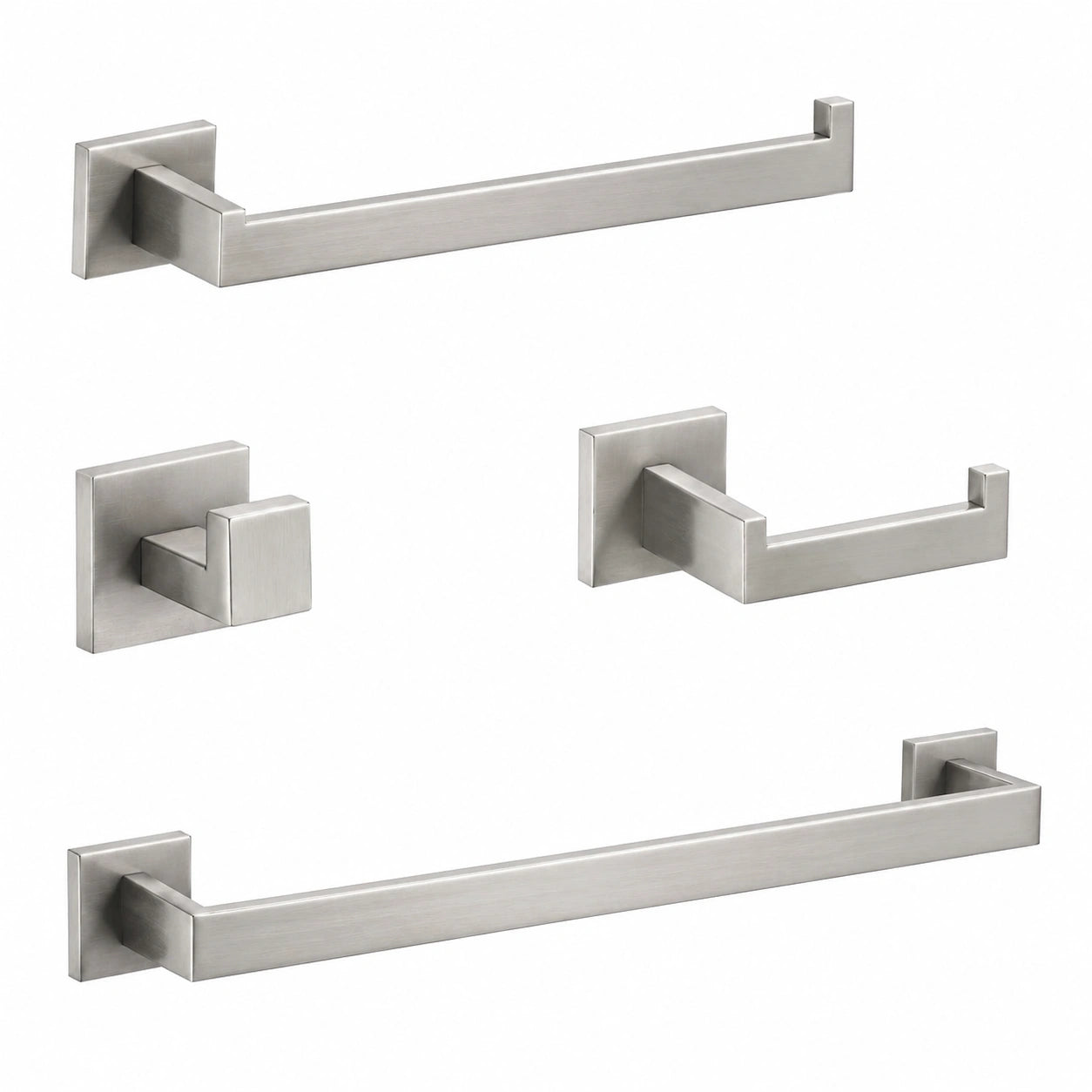 Juego de 4 Toalleros de Pared en Acero Inoxidable, Incluye Barra de 40cm, Soporte de Papel y Gancho Bata