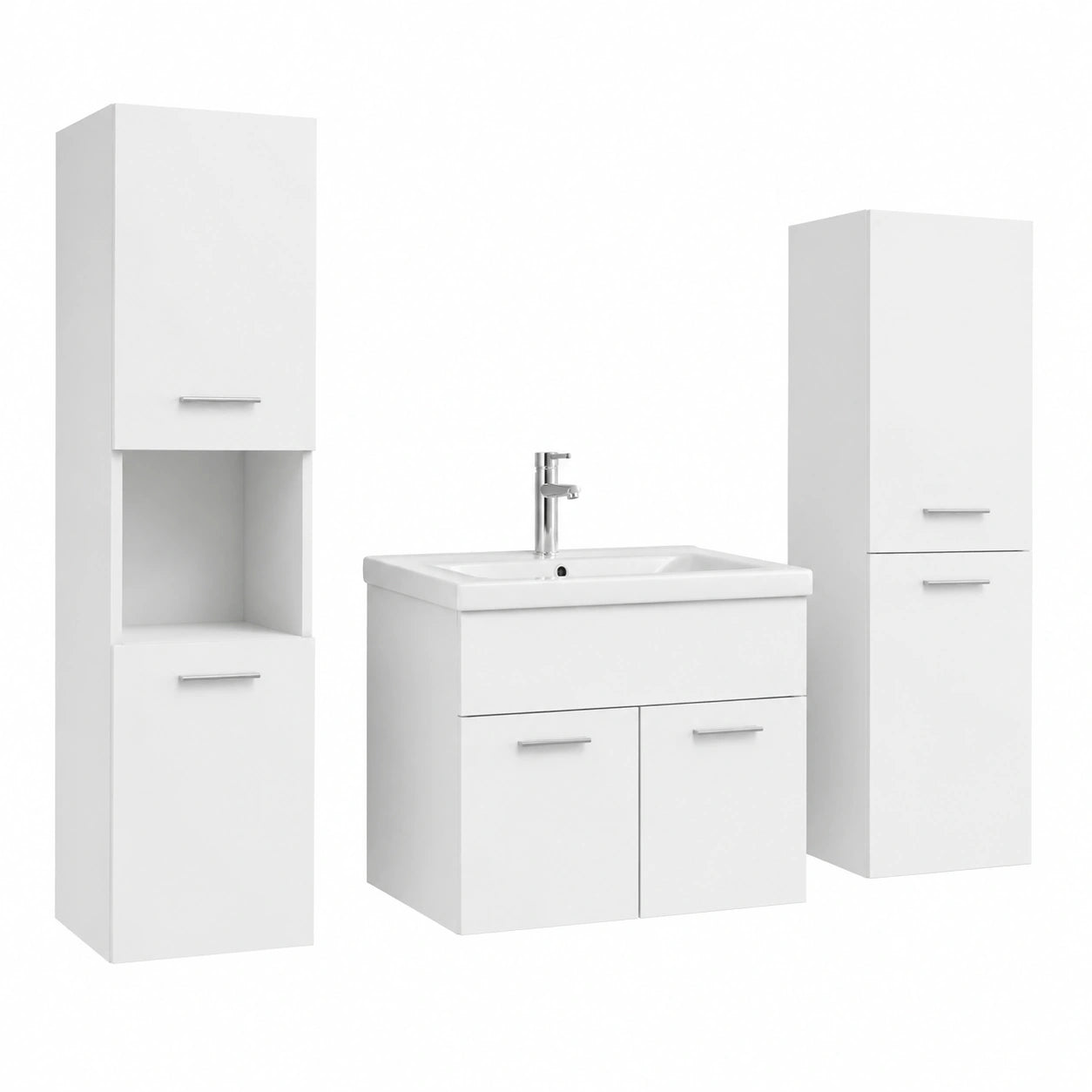 Conjunto de baño moderno en madera blanca con espejo y armarios