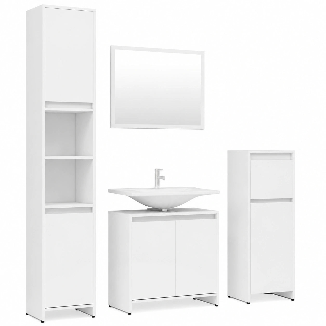 Conjunto de muebles de baño modernos de madera blanca, 4 piezas: armario alto, central, bajo y espejo
