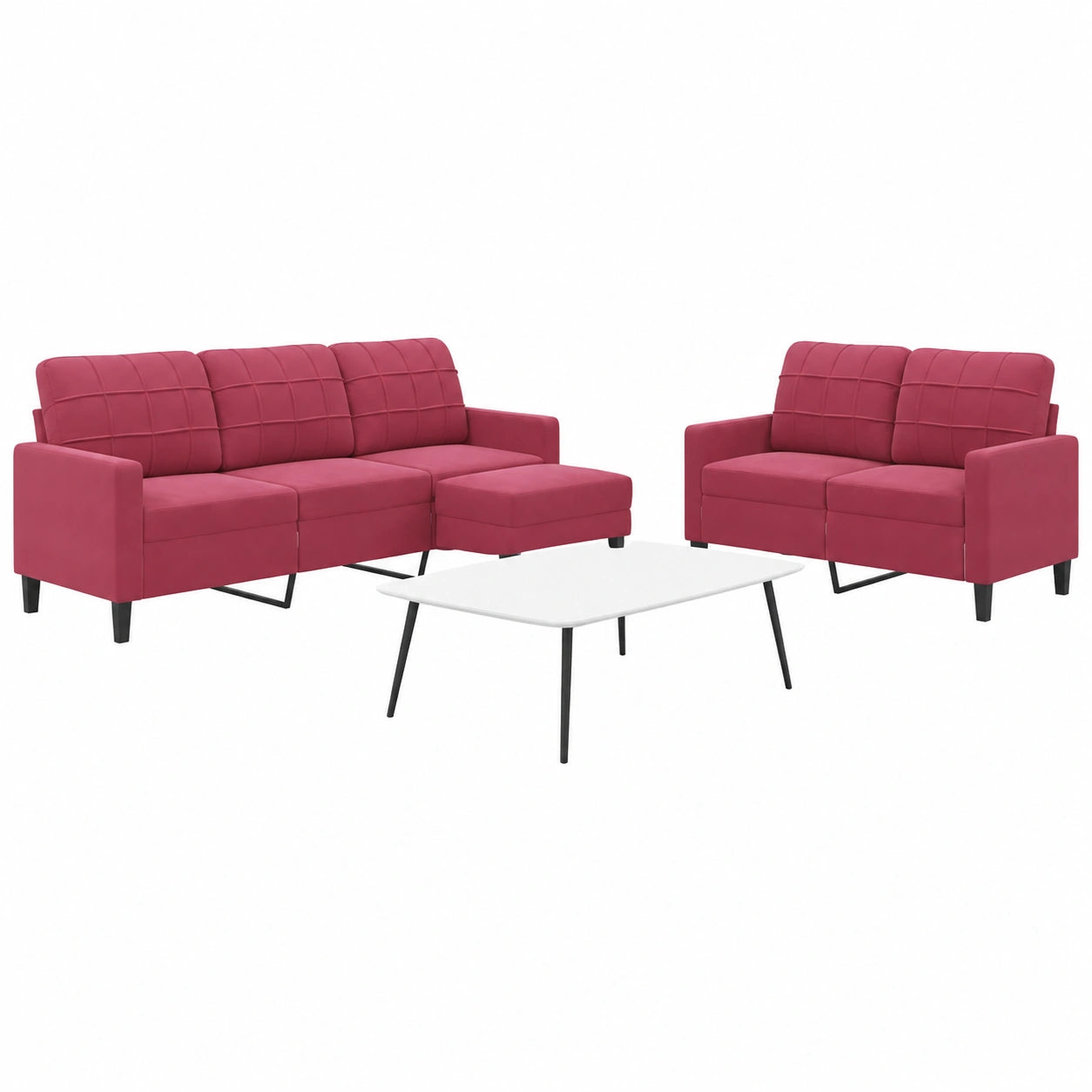 Conjunto de muebles en terciopelo rojo, 2 y 3 plazas con reposapiés para salón