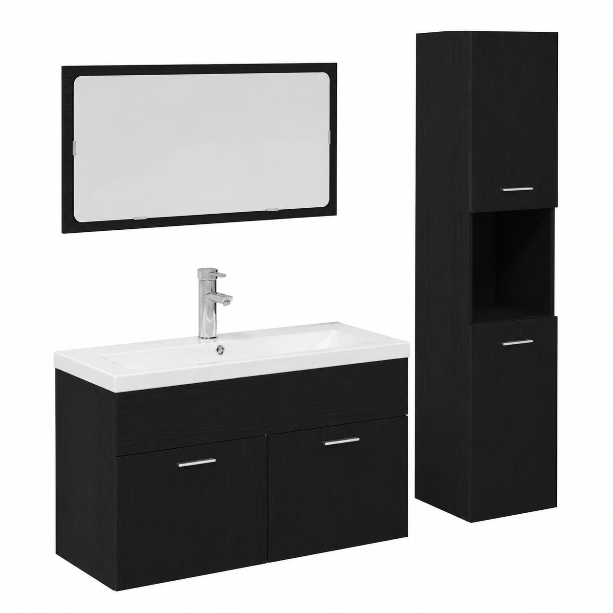 Conjunto Moderno de Muebles de Baño en Roble Negro con Espejo y Almacenamiento