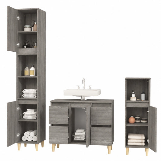 Conjunto de Muebles de Baño en Sonoma Gris con Patas de Eucalipto, Amplio Almacenaje para Baño Moderno, Resistente a la Humedad y Fácil Limpieza