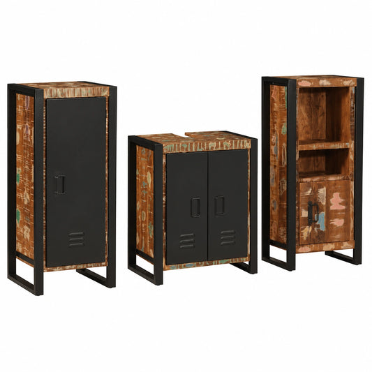 Conjunto de muebles de baño en madera reciclada: lavabo, armario de pared y columna, estilo moderno, multicolor