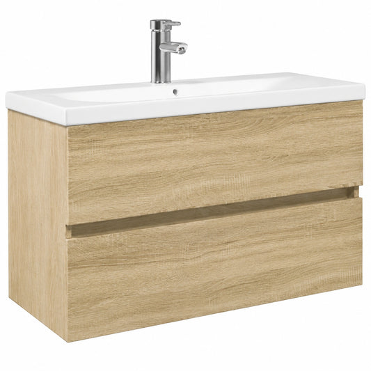 Conjunto de Muebles de Baño con Lavabo de Cerámica y Madera de Ingeniería, Armario y Almacenaje
