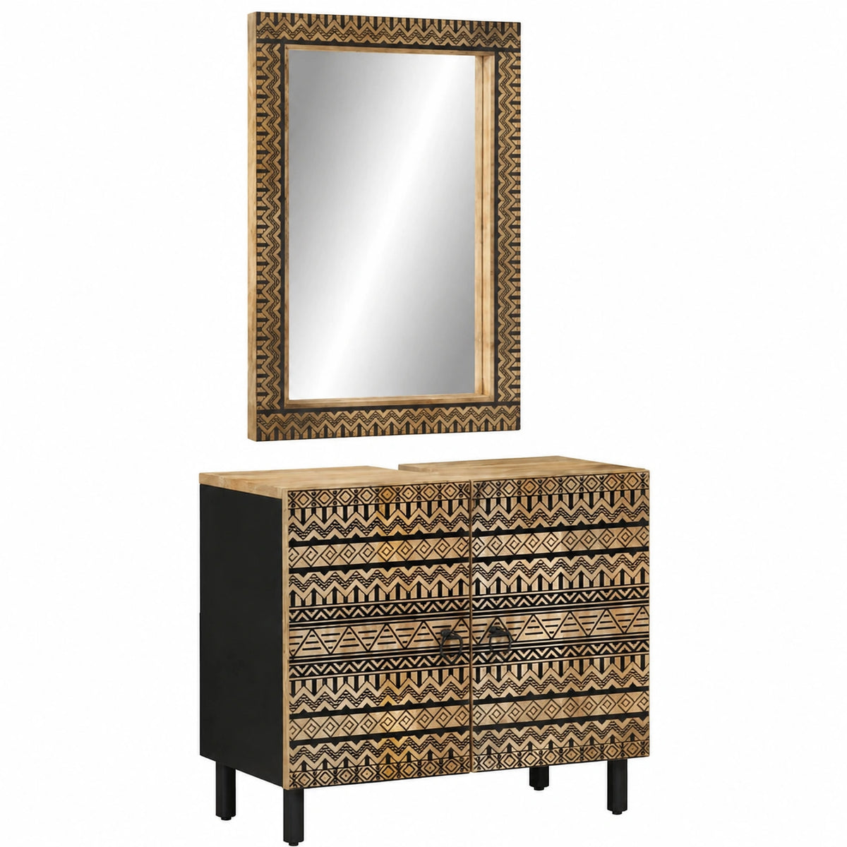 Mueble de baño de madera de mango con espejo y patas de hierro, 62 x 33 x 58 cm
