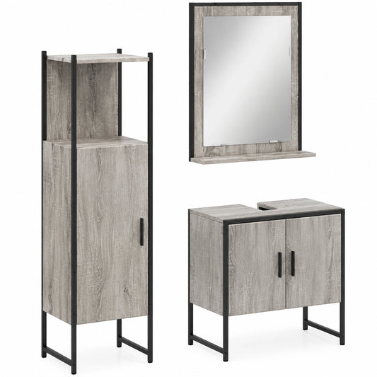 Conjunto de Muebles de Baño 3 Piezas con Almacenamiento, Armario de Lavabo, Espejo y Estantes, Madera Gris Sonoma
