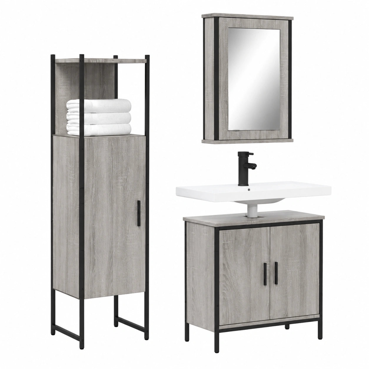 Conjunto de muebles de baño gris Sonoma con armario con espejo y almacenaje amplio