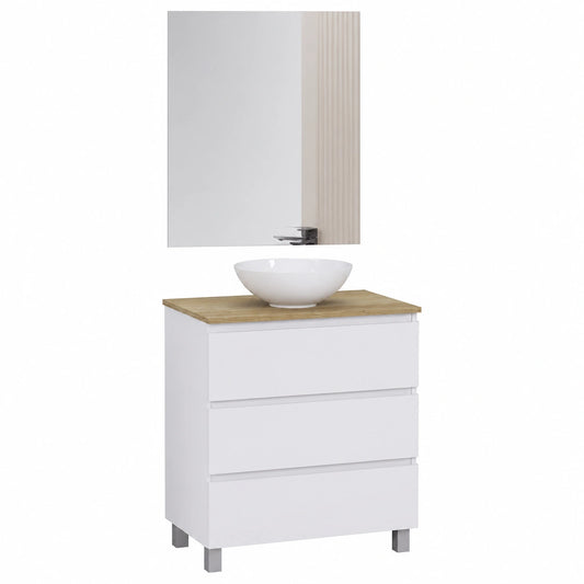 Conjunto de Mueble de Baño Baikal Ness, Ideal para Espacios Reducidos, Fondo de 36cm, Lavabo Cerámico Incluido, Montado, 3 Cajones, Espejo de 60 cm, Color Blanco