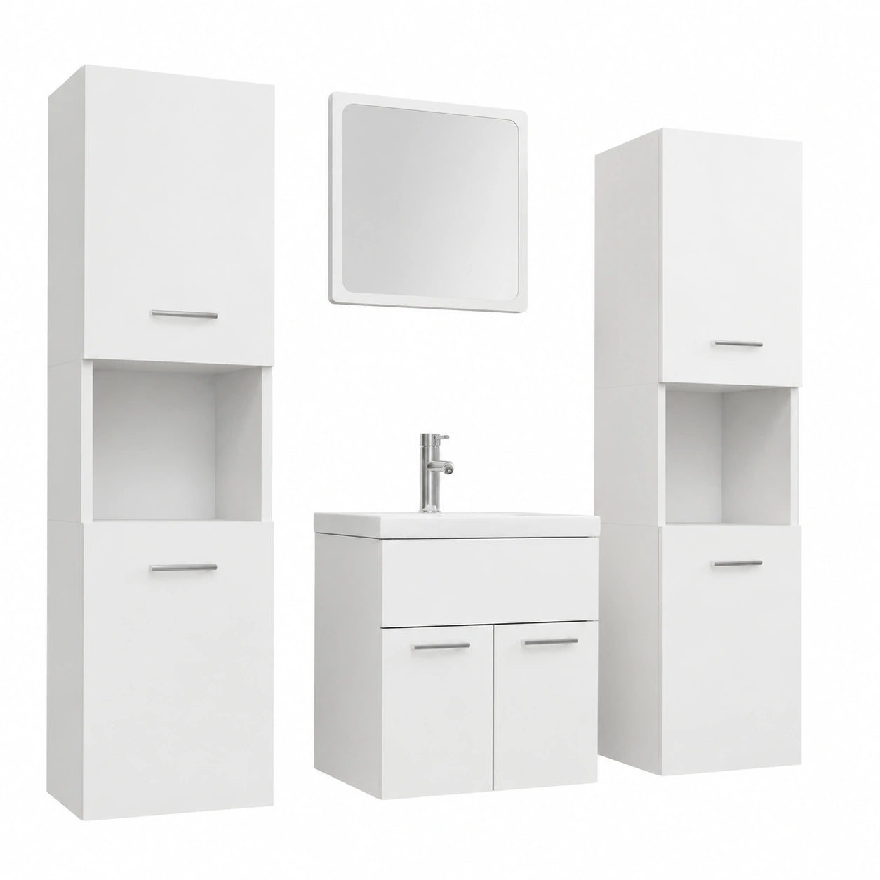 Conjunto de muebles de baño moderno de madera: 5 piezas con lavabo, espejo, grifo y 2 armarios altos