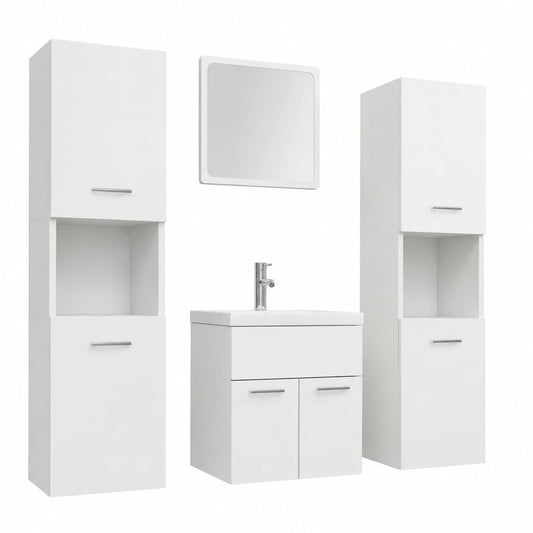 Conjunto de muebles de baño moderno de madera: 5 piezas con lavabo, espejo, grifo y 2 armarios altos