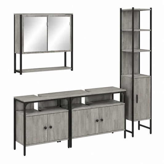 Conjunto de Muebles de Baño 4 Piezas, Armarios Gris Sonoma con Espejo y Estantes de Almacenaje