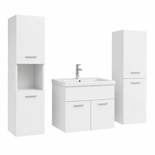 Conjunto de baño moderno en madera blanca con espejo y armarios