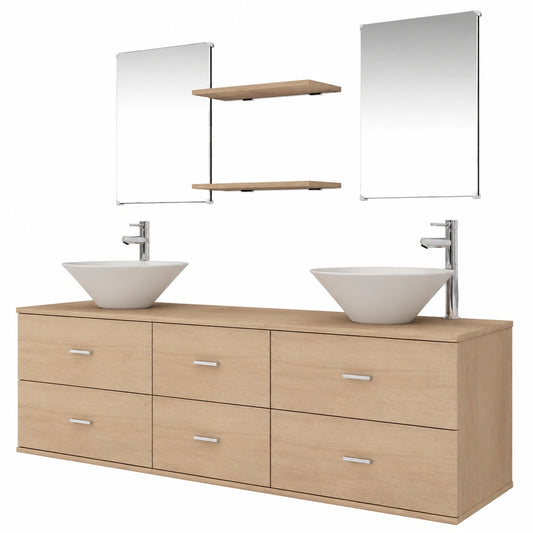 Conjunto de Muebles de Baño con Lavabo y Grifo, 9 Piezas, Armarios de Almacenamiento Beige