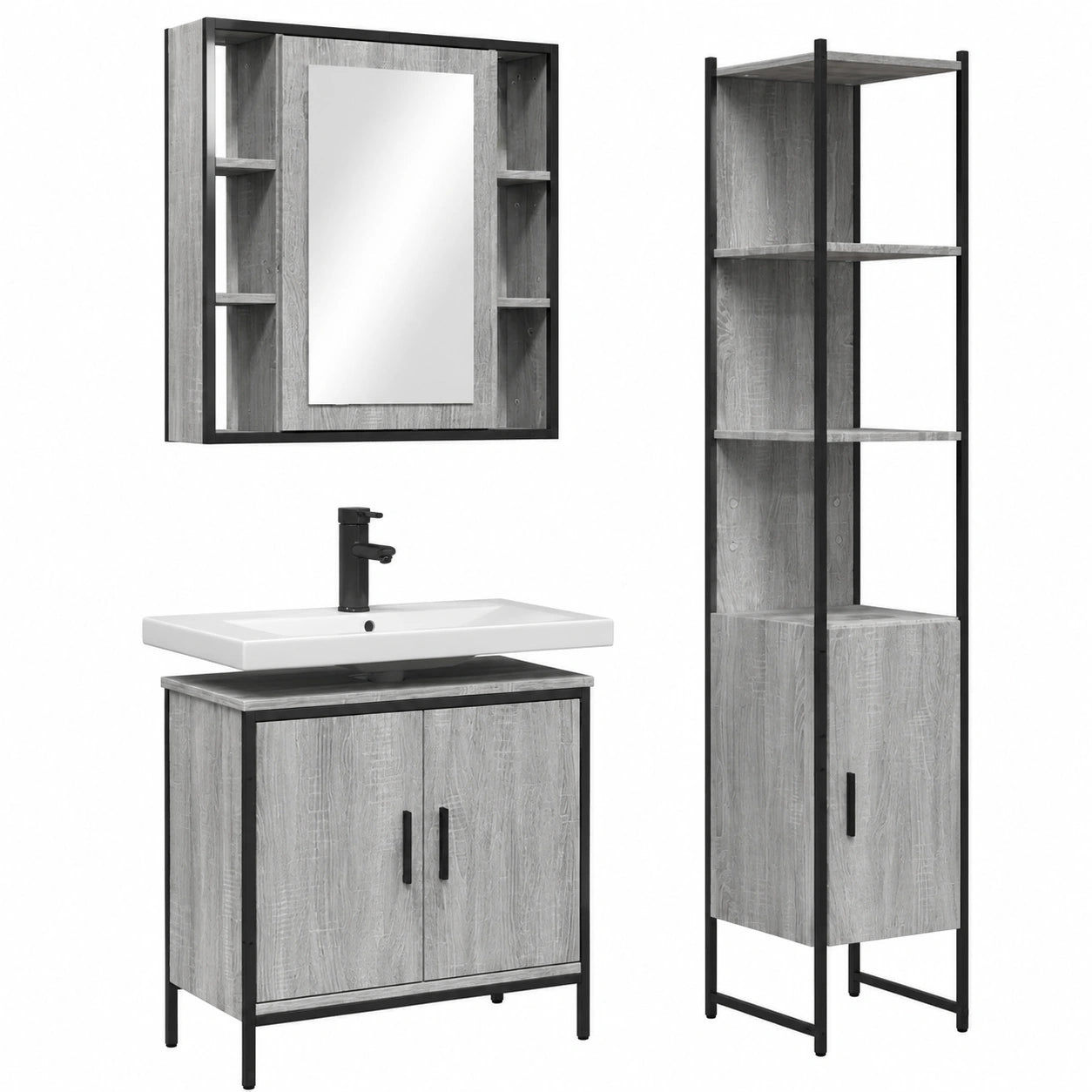 Conjunto de Baño de 3 Piezas Sonoma, Madera y Acero con Espejo Armario