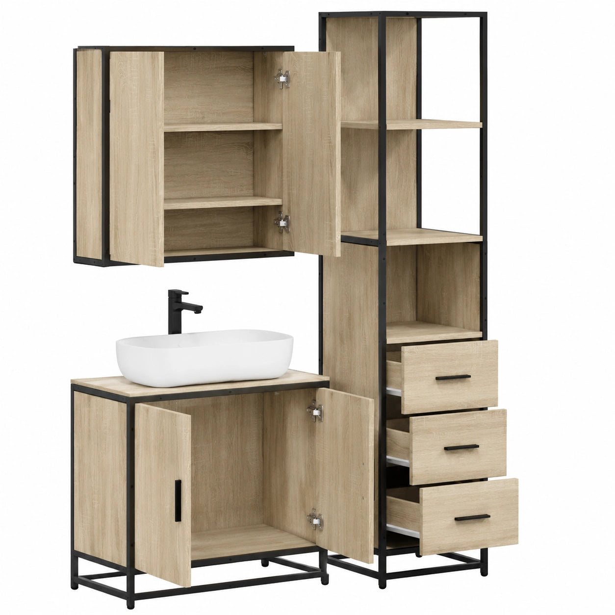 Conjunto de muebles de baño 3 piezas madera de roble Sonoma
